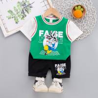New summer short-sleeved suit for boys and girls, infants and young children, cartoon animation round neck short-sleeved shorts two-piece set trendy  Green