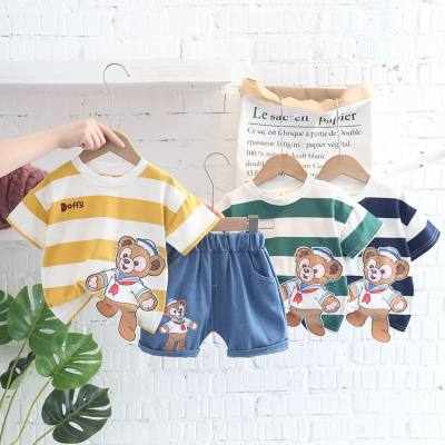 2022 new summer male and female children's baby short-sleeved suit striped cartoon three-dimensional bear two-piece short-sleeved suit for delivery