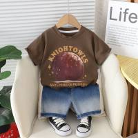 Summer new model for small and medium-sized boys and girls, moon-lettered round neck short-sleeved suit, trendy summer style short-sleeved suit  Coffee