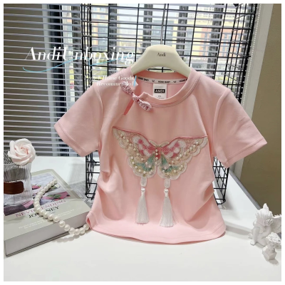 2024 new children's clothing girls Chinese style short-sleeved T-shirt new Chinese style buttoned foreign style tops baby girl children's summer clothing