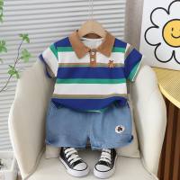 Children's summer clothes little boy clothes children's clothes boys striped POLO shirt short-sleeved summer new T-shirt suit wholesale  Green
