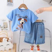 Infants and toddlers cute new summer short-sleeved T-shirt children's clothing boys cartoon casual tops children's summer two-piece set  Blue