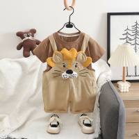 Internet celebrity hot-selling children's cotton casual short-sleeved lion bib shorts two-piece suit 2024 boy casual suit  Coffee
