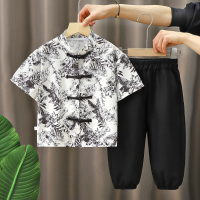 Anzug im chinesischen Stil für Jungen 2024 neuer Stil Hanfu Sommer kurzärmelige verkürzte Hose neuer Tang-Anzug im chinesischen Stil mit Knöpfen  Schwarz