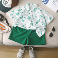 Children's shirts, men's summer short-sleeved fashionable fashionable boys' street printed shirts, stylish Hong Kong style boys' baby suits for vacation  Green