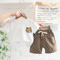 New fashion style children's baby cartoon clothes children's summer casual two-piece set boys short-sleeved  White