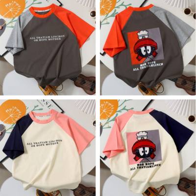 Children's cool ice porcelain cotton raglan short-sleeved summer boys and girls baby casual cartoon color matching T-shirt fashion