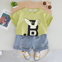 Boys summer short-sleeved suits new style denim shorts thin children's suits handsome two-piece suits  Green