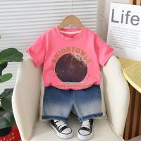 Summer new model for small and medium-sized boys and girls, moon-lettered round neck short-sleeved suit, trendy summer style short-sleeved suit  watermelon red