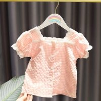 Girls summer shirt, fashionable summer plaid, baby shirt, shorts, princess two-piece suit, trendy short-sleeved  Pink