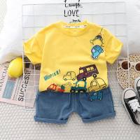 Small and medium-sized children's summer new children's clothing wholesale Korean style car short-sleeved soft denim shorts two-piece set  Yellow