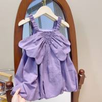 2024 Versión coreana de linda falda con tirantes para niñas, estilo occidental, vestido de princesa de color sólido para niños pequeños y medianos de verano para distribución  Púrpura
