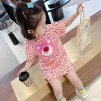 All-over printed girls' dress cute children's cartoon strawberry bear fashionable baby girl spring and summer ins princess trend  Hot Pink