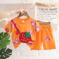 Summer baby short-sleeved suit for boys and girls, round neck printed strawberry carrier, two-piece short-sleeved suit  Orange