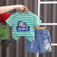 ملابس أطفال لعام 2023 تي شيرت صيفي للأولاد بأكمام قصيرة تي شيرت مخطط على الطراز الكوري ملابس أطفال يابانية عصرية  أخضر