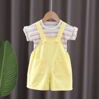 A drop-shipping girl's sweet striped top short-sleeved T-shirt children's clothing children's summer solid color suspender shorts suit  Yellow