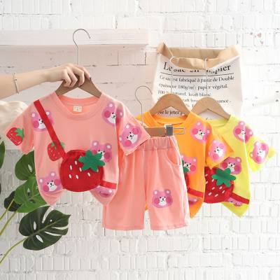 Summer baby short-sleeved suit for boys and girls, round neck printed strawberry carrier, two-piece short-sleeved suit