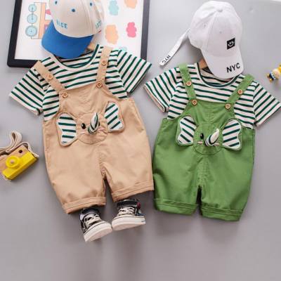 Infants and toddlers cartoon cute suspender shorts summer clothes boys striped short-sleeved T-shirt children's clothing two-piece set wholesale