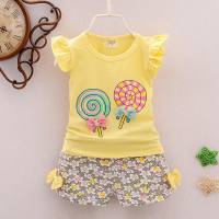 Children's clothing new summer short-sleeved vest children's suit Korean version cute flying sleeves small floral pastoral style suit wholesale  Yellow
