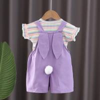 A drop-shipping girl's sweet striped top short-sleeved T-shirt children's clothing children's summer solid color suspender shorts suit  Purple
