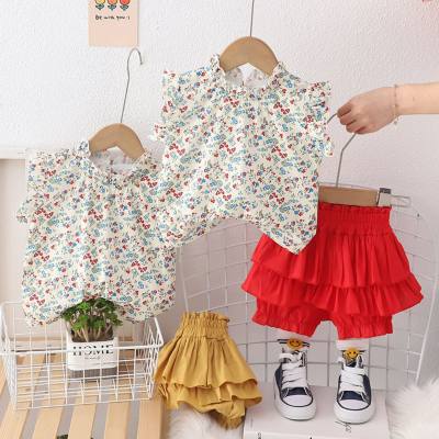 Baby girl casual fashion two-piece summer new girl full-print floral stand-collar short-sleeved suit