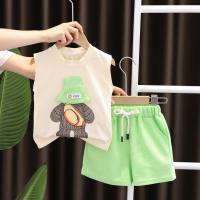 2023 New Children's Vest Cartoon Suit Boys and Girls Summer Clothes Korean Shorts Two-piece Set Children's Clothing Manufacturer Wholesale  Green