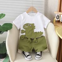 New summer boys' 3D dinosaur short-sleeved two-piece suit  White