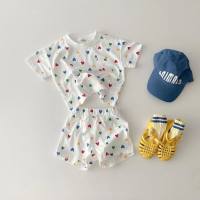 Korean version of ins children's refreshing cotton short-sleeved suit summer baby love plaid casual T-shirt shorts two-piece suit  White