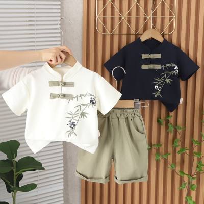 بدلة قميص صيفي للأولاد بتصميم جديد لعام 2024 بدلة تانغ صيفية للأطفال بأزرار على الطراز الصيني بدلة قميص