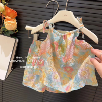 Summer new style smudged oil painting style suspender suit for girls, fashionable floral vest and skirt pants, internet celebrity baby two-piece set  Yellow
