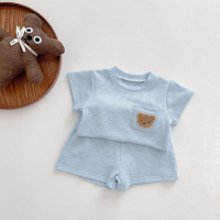 Traje de pantalones cortos de manga corta para niños y niñas, traje informal fino de dos piezas con oso para bebé, verano  Azul