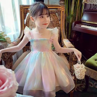 Girls Princess Dress Summer Dress Children Internet Celebrity Bow Gradient Rainbow Suspender Dress Girl Dress