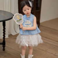 New Chinese style fashion girls summer new retro Hanfu two-piece suit princess style national style mesh suspender skirt female baby  Blue