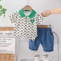 Summer new T-shirt children's suit for little boys aged 0-4 years old, children's lapel printed with letters, short-sleeved children's clothing two-piece set, trendy  White