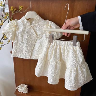 Girls' Chinese style suit 2024 summer stylish solid color stand collar puff sleeve top simple skirt two-piece suit trendy