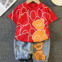 Vêtements d'été pour enfants dessin animé imprimé col rond T-shirt bébé garçon short en jean costume pour enfants vêtements pour enfants à manches courtes tendance en gros 1  rouge