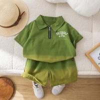 2024 new summer boys' short-sleeved suit gradient trendy denim zipper lapel set casual suit shorts set  Green