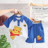 Summer short-sleeved children's suits summer boys and girls children's infants and young children cartoon lapel bear short-sleeved shorts  Light Blue