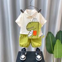 Foreign trade children's clothing boys handsome street casual children's suit 2024 new short-sleeved denim shorts two-piece suit  Beige