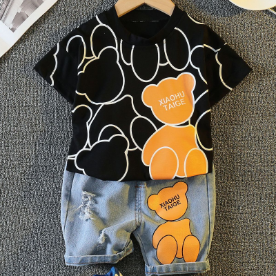 Children's summer clothing cartoon printed round neck T-shirt baby boy denim shorts children's suit short-sleeved children's clothing wholesale trend 1