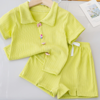 بدلات الفتيات 2024 صيف جديد فتاة صغيرة موضة ملابس رياضية للأطفال قميص بولو شورت غير رسمي قطعتين بدلة عصرية  نيون الخضراء