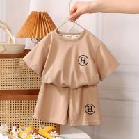 Children's summer short-sleeved suits for boys and girls waffle middle and large children's boys' casual two-piece suits  Coffee