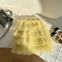 Girls mesh multi-layer skirt light luxury pleated cake skirt long skirt children's long puffy skirt skirt autumn and winter  Yellow