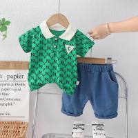Summer new T-shirt children's suit for little boys aged 0-4 years old, children's lapel printed with letters, short-sleeved children's clothing two-piece set, trendy  Green