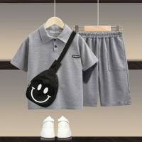 Children's short-sleeved polo shirt suit summer solid color medium and large children's casual sports  Gray