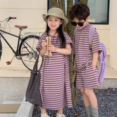 Girls Summer Striped Short Sleeve Dress Girls Purple Striped Sweater Dress