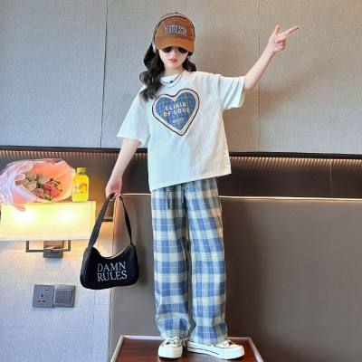 Meninas calças xadrez terno novo verão médio e grande crianças fino amor camiseta calças de perna larga versão coreana terno de duas peças