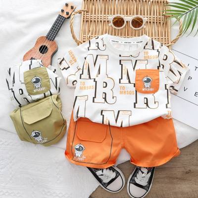 Boys' full-printed letter round neck short-sleeved suit baby boy casual shorts two-piece suit