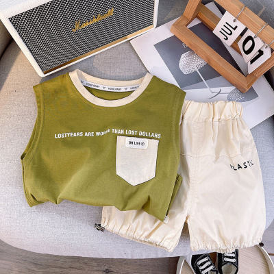 Boys summer suit 2023 new vest fashionable children's clothing baby letters fresh sleeveless shorts two-piece set trendy