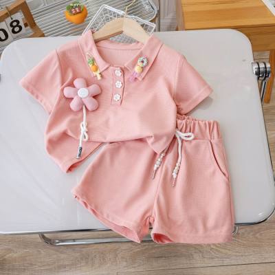 Girls short-sleeved POLO shirt suit new summer 2024 hot-selling children's shorts fashionable baby girl two-piece suit trendy
